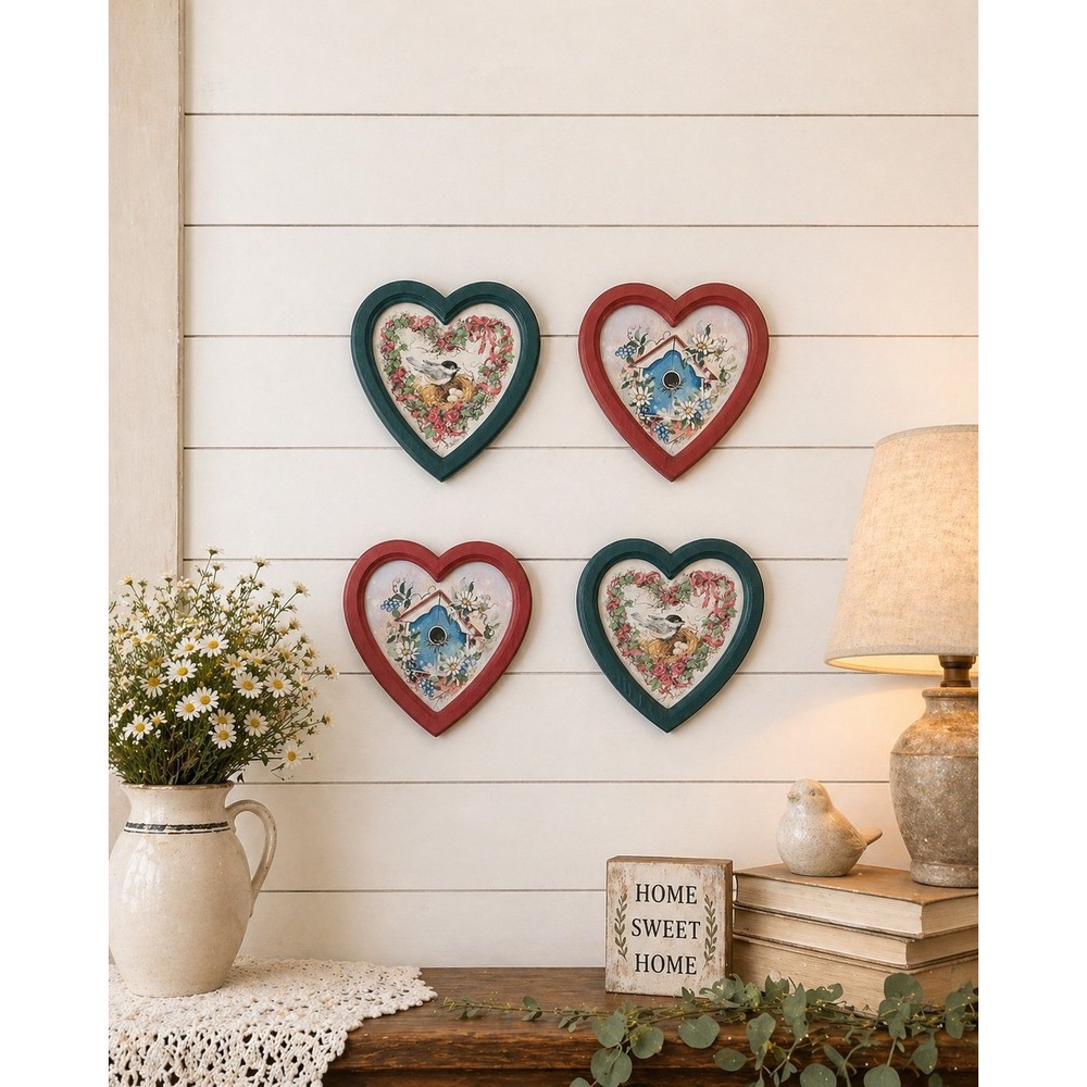 Vintage Chickadee Print in Heart Shaped Homco Frame